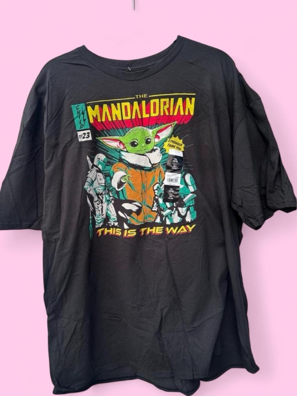 Star Wars Mandalorian Black Graphic Tee with Green Grogu and Multicolor Print